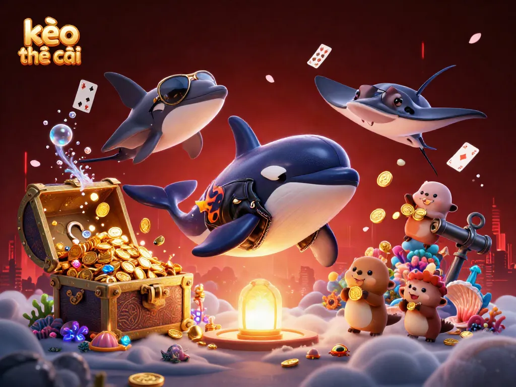 Engage in thrilling kèo nhà cái action with cartoon characters enjoying gambling treasures amid vibrant underwater scenery.