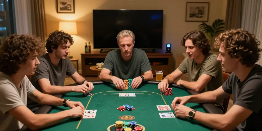 Friends enjoying an akunjp poker game night in a cozy living room