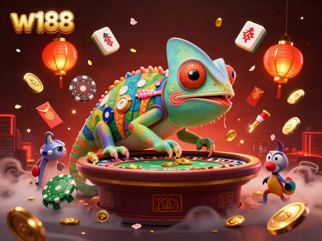 Engage in w188's vibrant casino world, with a chameleon owner and colorful elements showcasing gaming excitement.