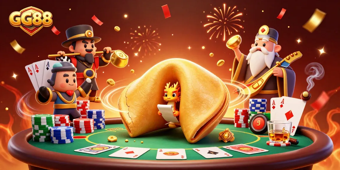 Exciting GG88 fortune cookie scene with a dragon reading fortunes at a poker table.