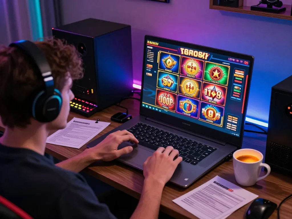 Engaging in thrilling slot88 gameplay on a laptop at home, showcasing vibrant online gaming setup.