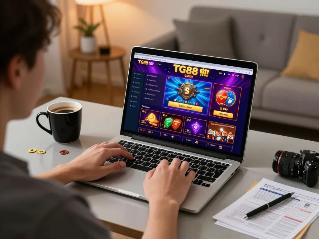 Person engaged in online gameplay at home using TG88 com casino interface on laptop, showcasing vibrant graphics and strategy.