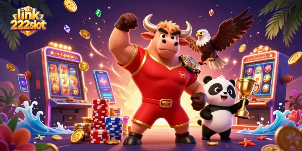 Menangkan permainan slot dengan link 222slot, lihat trofi emas dan karakter ceria di atas tumpukan koin.