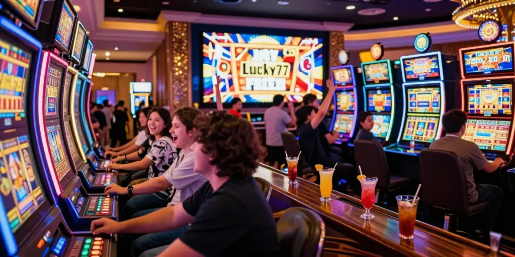 Exciting casino atmosphere with players at Lucky777 slot machines, vibrant lights, and joyful expressions.