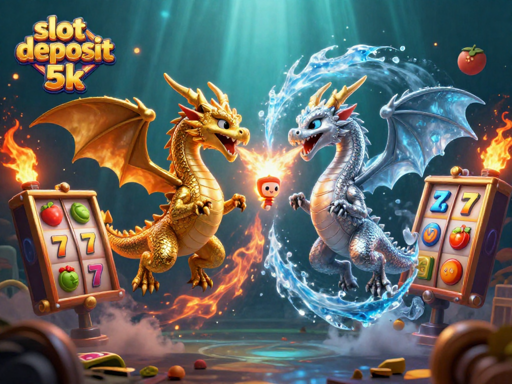 Bermain slot deposit 5k dengan simbol buah dan jackpot yang memukau di latar belakang.