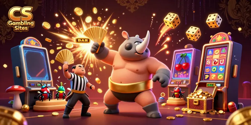 Witness thrilling action at CS Gambling Sites, with a sumo champion beetle celebrating wins amidst dynamic gaming elements.