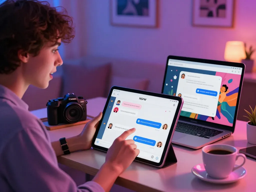 User engaging in an interactive ai chat nsfw experience on a modern tablet, displaying vibrant avatars and casual home atmosphere.