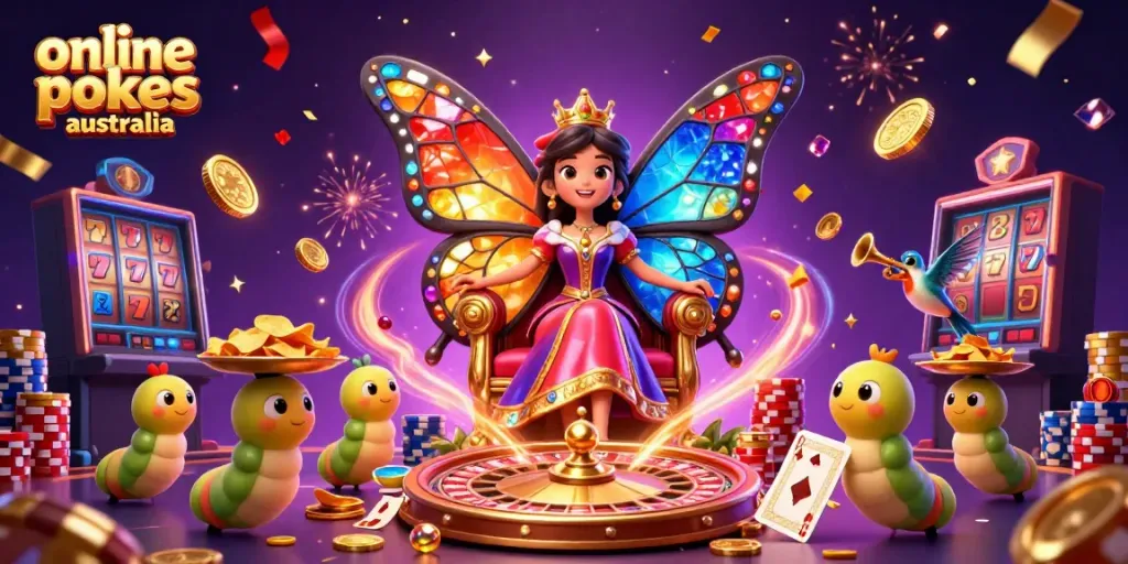 Experience vibrant online pokies Australia action with a 3D butterfly queen surrounded by slot reels, golden coins, and festive effects.