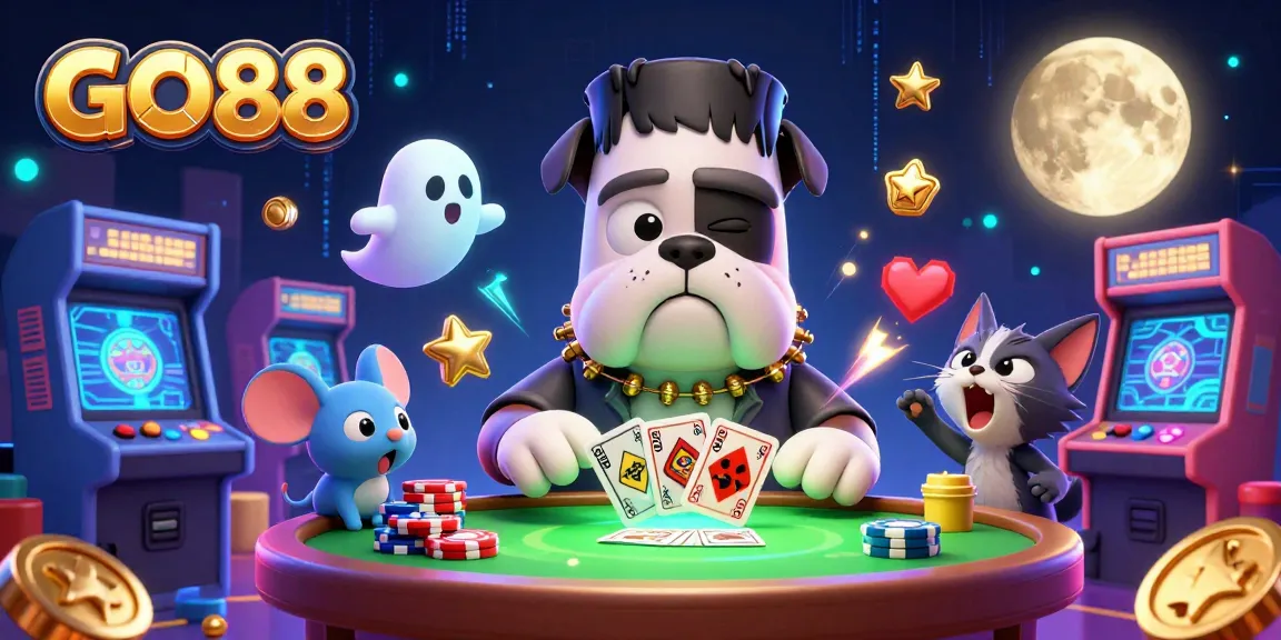 GO88 interactive game scene featuring Frankenstein bulldog dealing cards amidst vivid 3D gaming elements.
