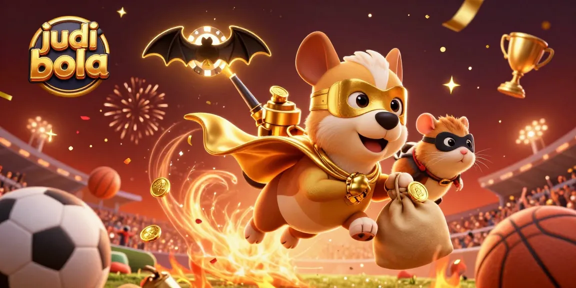 Engage in judi bola with exhilarating sports betting illustrated by a 3D superhero dog flying with riches.