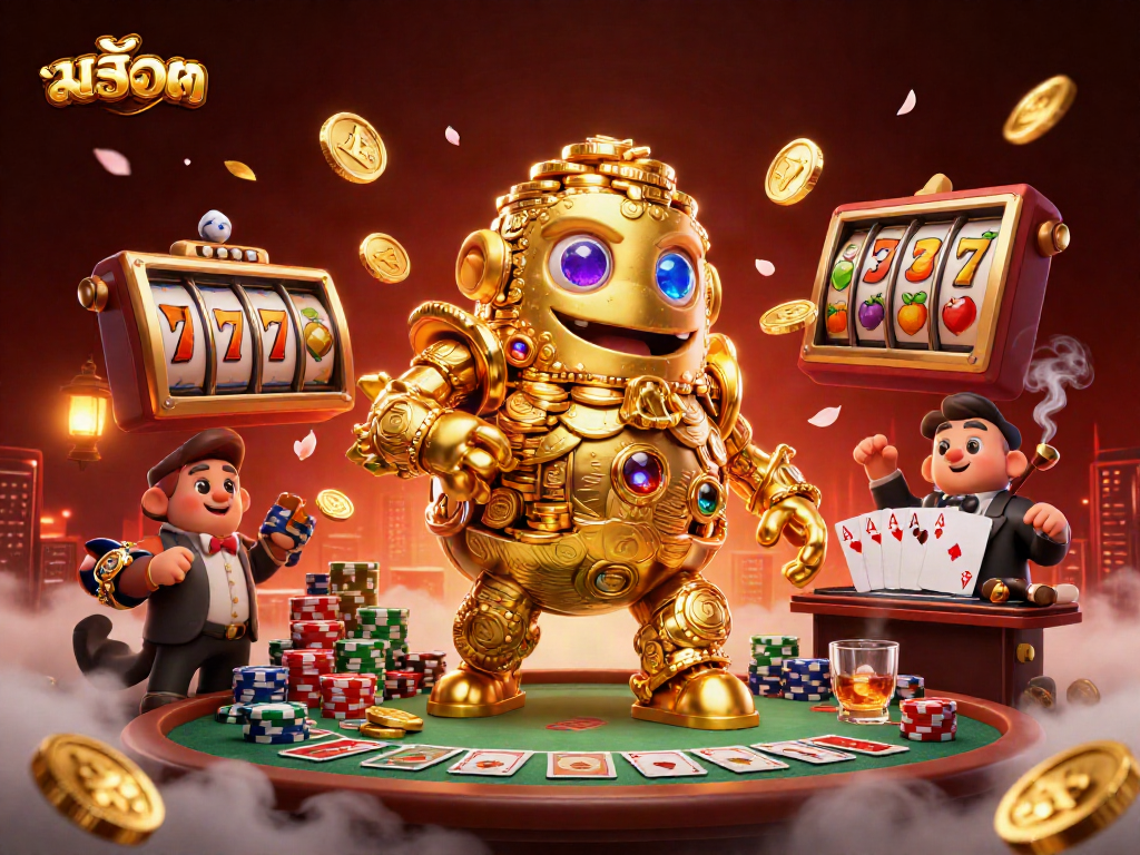 Engage in สล็อต gaming with vibrant 3D characters and casino elements in a lively scene.