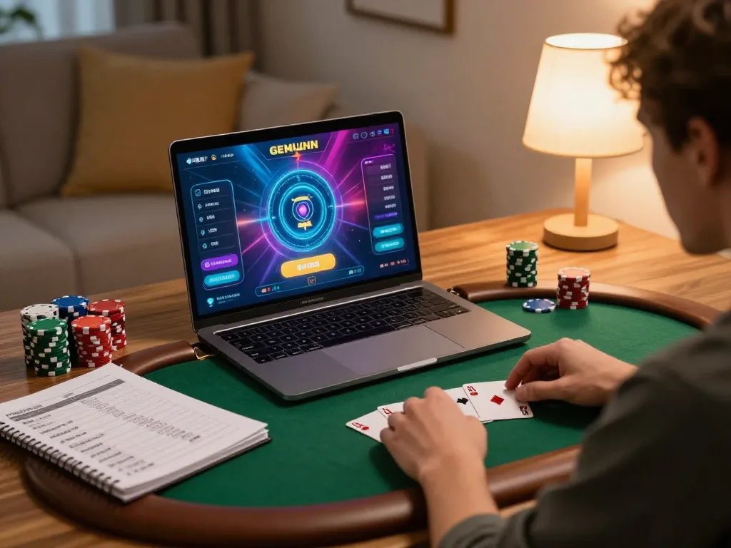 Engaging in a GEMWIN online poker game from the comfort of home with strategy notes visible.