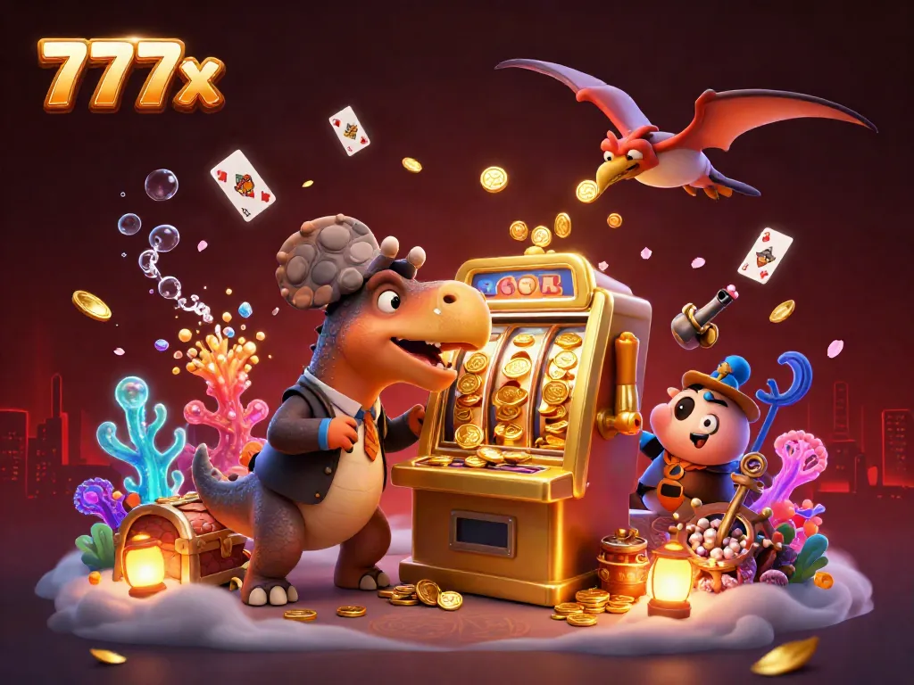 777x features vibrant casino excitement with a dinosaur jackpot scene illustrating slot machine action.