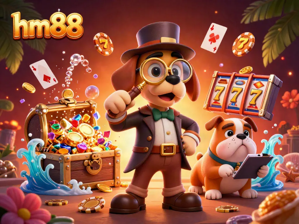 hm88 showcases a vibrant casino scene with characters exploring golden poker chips amidst dynamic slot elements.