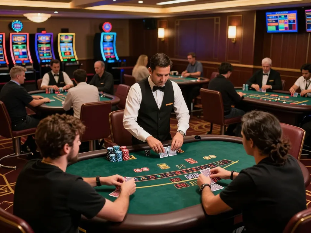 Exciting gameplay at ok365 live blackjack tables with dealers and players immersed in action.