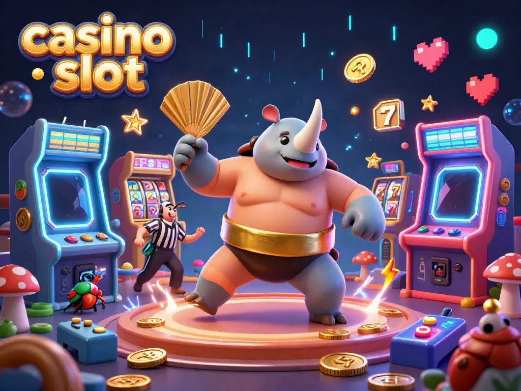 Experience thrilling casino slot action with a cartoon rhinoceros beetle champion amidst flying coins and glowing arcade elements.