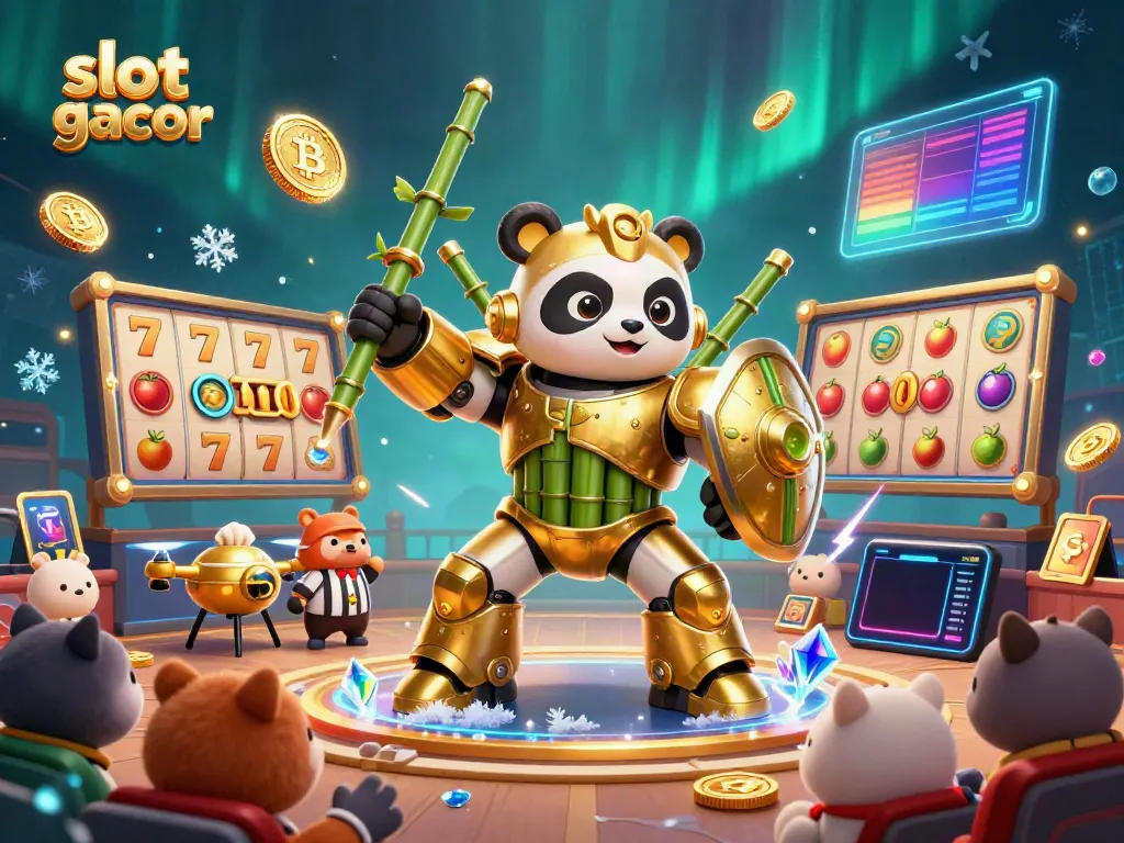 Experience the fun of slot gacor with a vibrant 3D casino scene featuring a golden panda mech and gameplay elements.