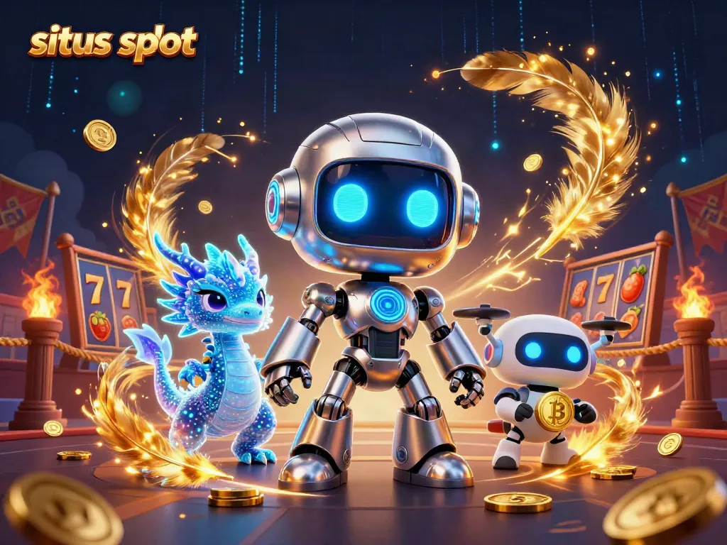 Permainan situs slot dengan robot 3D dan hologram naga, dikelilingi koin emas dan efek api.