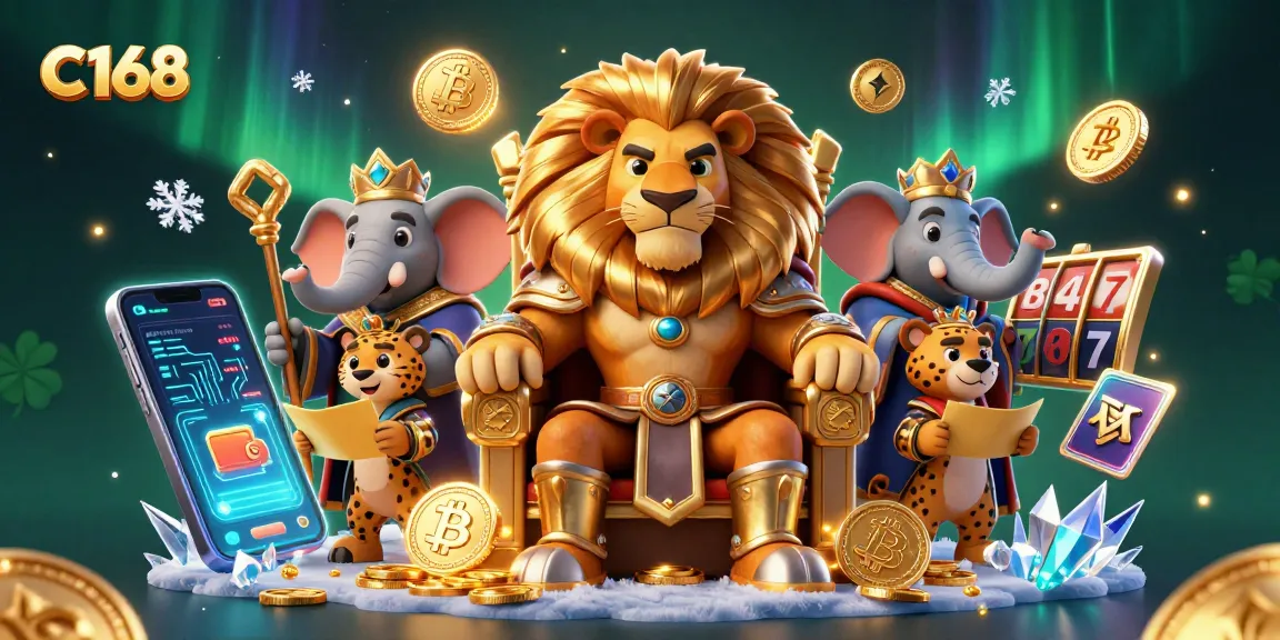 Experience thrilling gameplay at C168 with a fierce lion king surrounded by a wealth of slots and crypto elements.