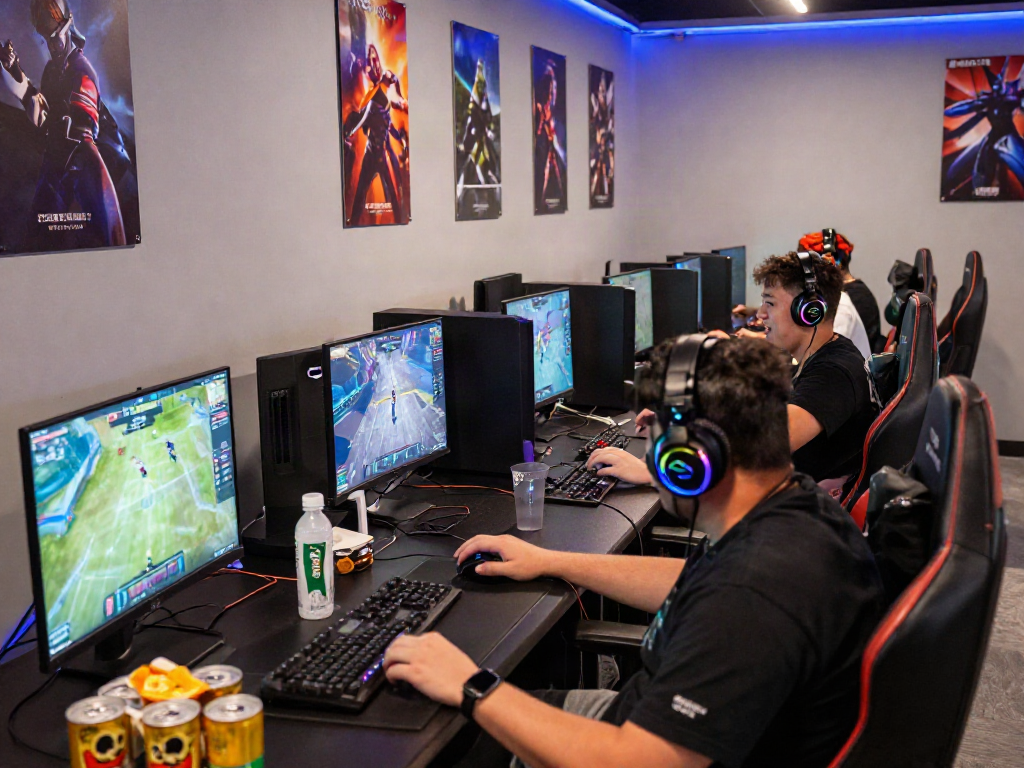 Exciting gaming tournament with players immersed in hargatoto on high-end setups.