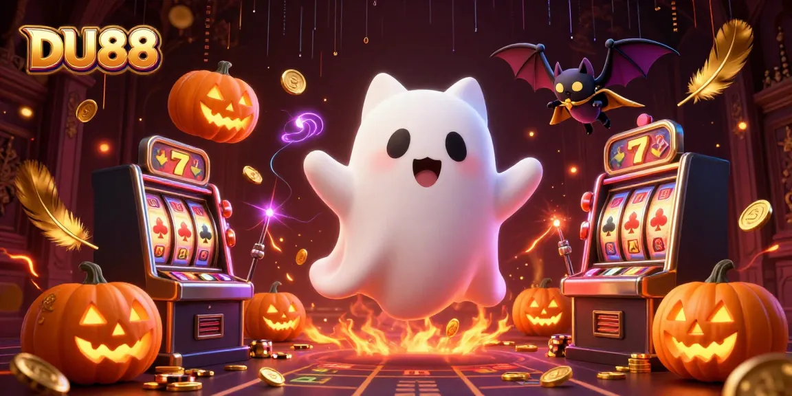 Engage with DU88 in a vibrant haunted casino scene featuring floating ghost cat and bat.