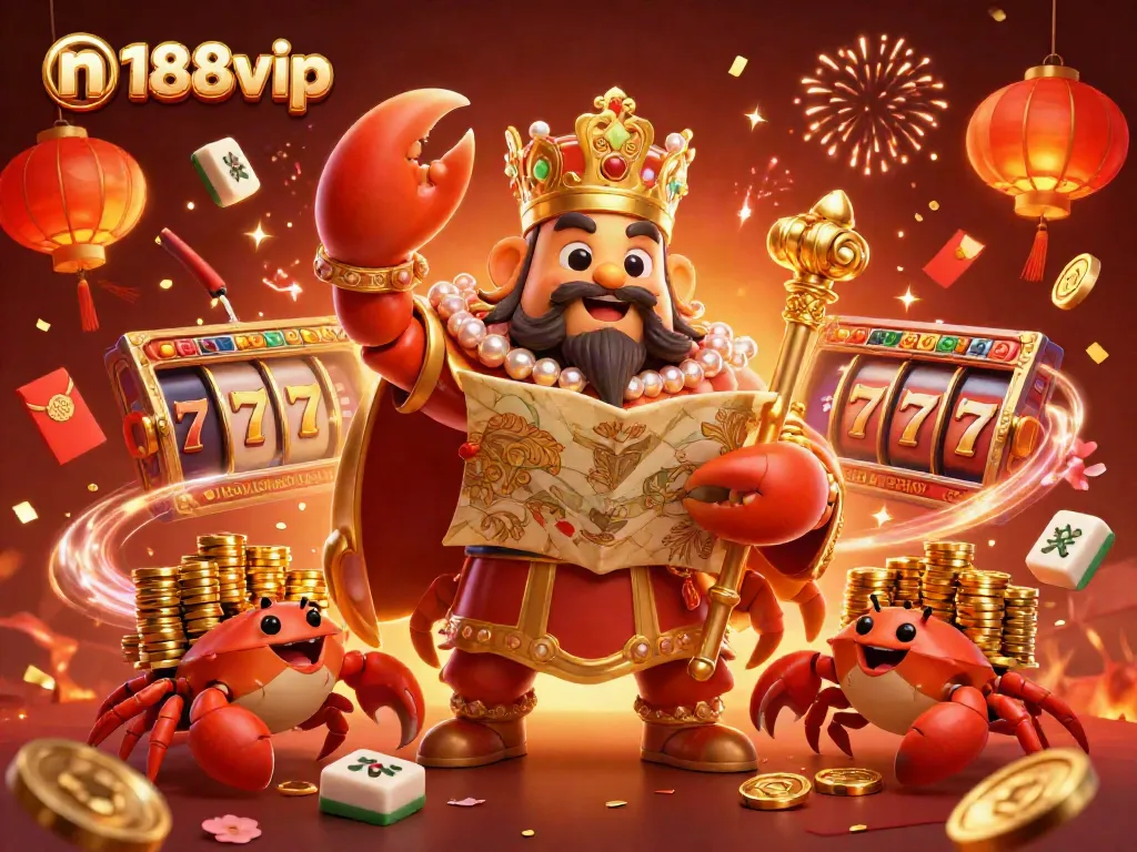 Experience thrilling wins at n188vip with an illustration of the golden crab emperor and vibrant casino elements.