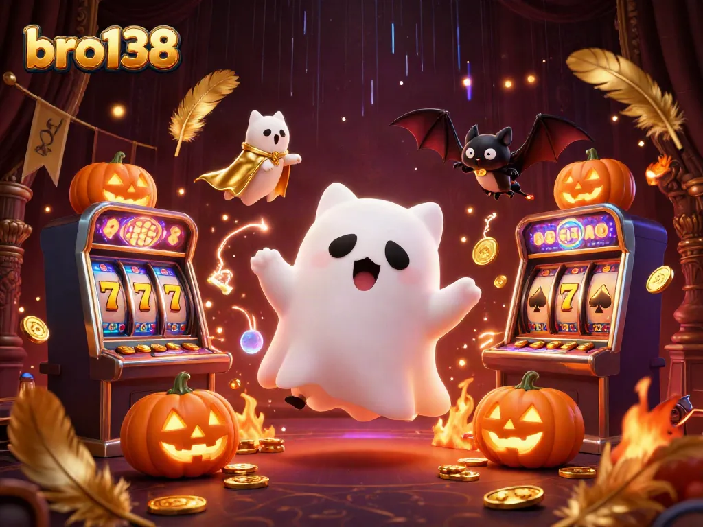 Bro138 provides a thrilling casino experience featuring a ghost cat, vibrant slot reels, and spooky elements.