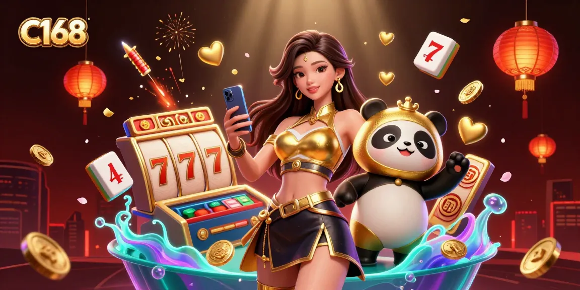 C168 casino games illustrated with an Asian woman using a smartphone, golden panda mascot, and dynamic gaming elements.