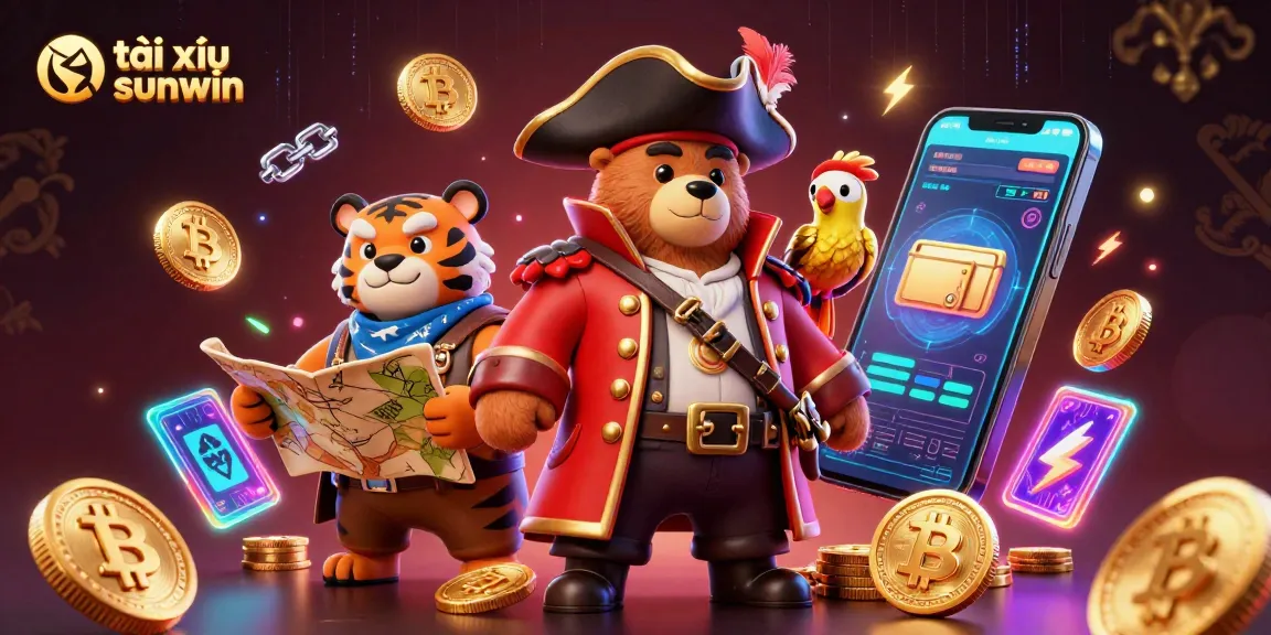 Engage in tài xỉu sunwin action with a vibrant 3D casino scene featuring cartoon characters and crypto elements.