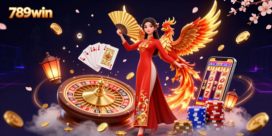 Engage with 789win through vibrant 3D illustration of a woman in ao dai and a phoenix, showcasing casino excitement.