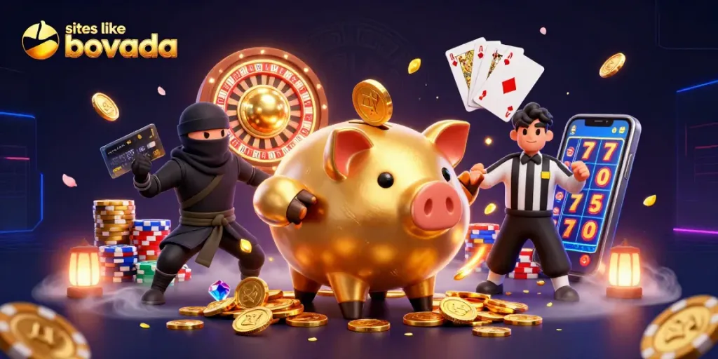 Experience exciting gaming with sites like bovada featuring animated characters and casino elements.