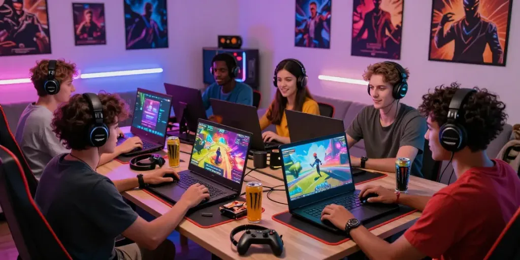 Akujp gaming experience with friends enjoying diverse devices in a vibrant living room.