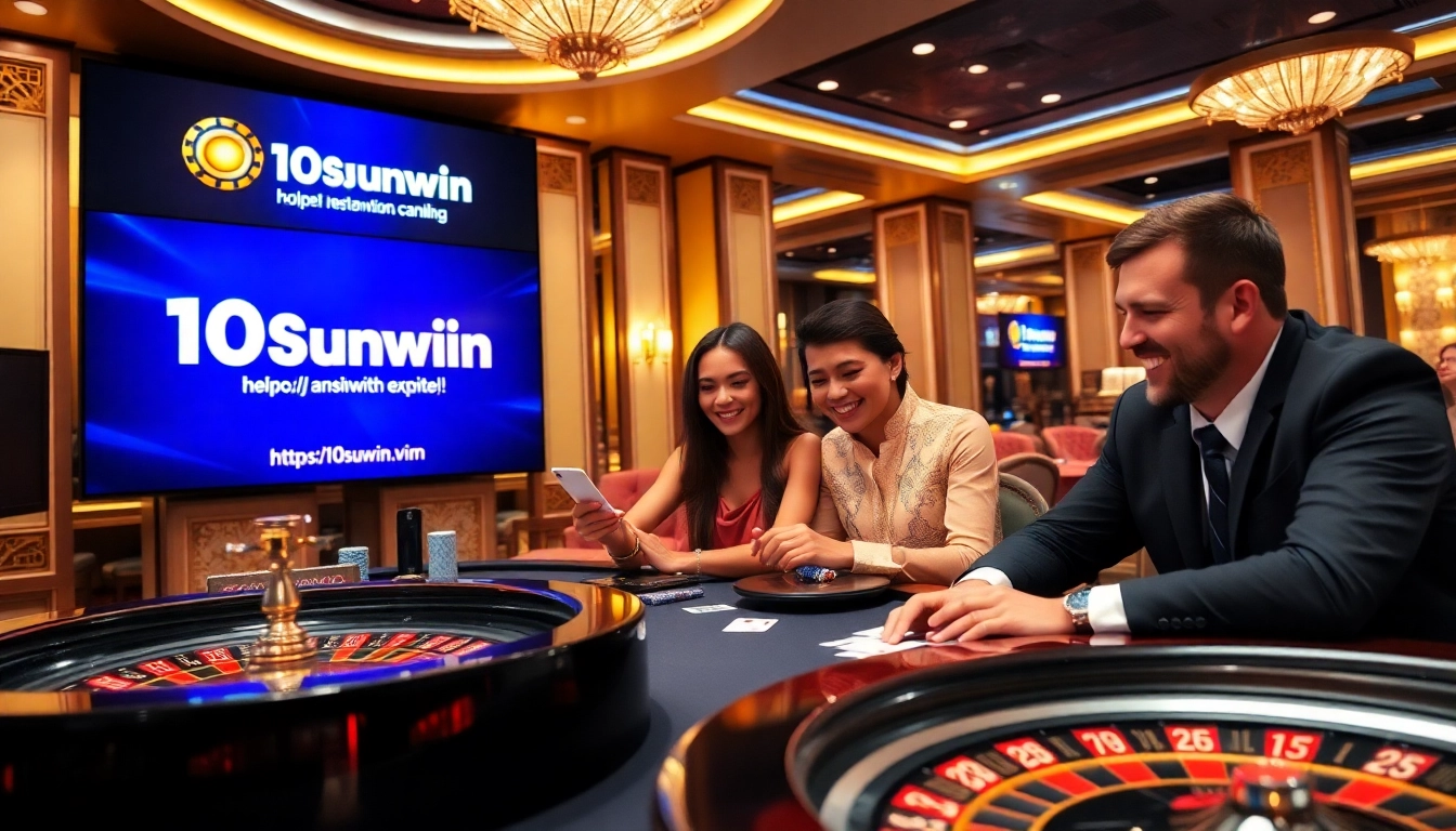 Engaging players enjoying games at https://10sunwin.vip/ casino with poker chips and roulette wheel.