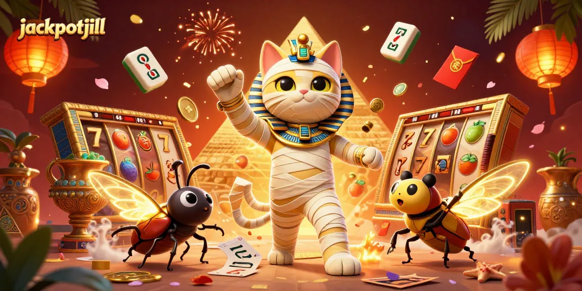 Experience thrilling jackpots with jackpotjill's vibrant casino scene featuring a mummy cat.