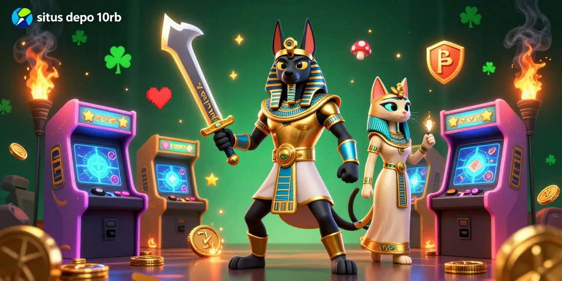Play 3D games at situs depo 10rb featuring Anubis with Bastet amidst vibrant casino elements.
