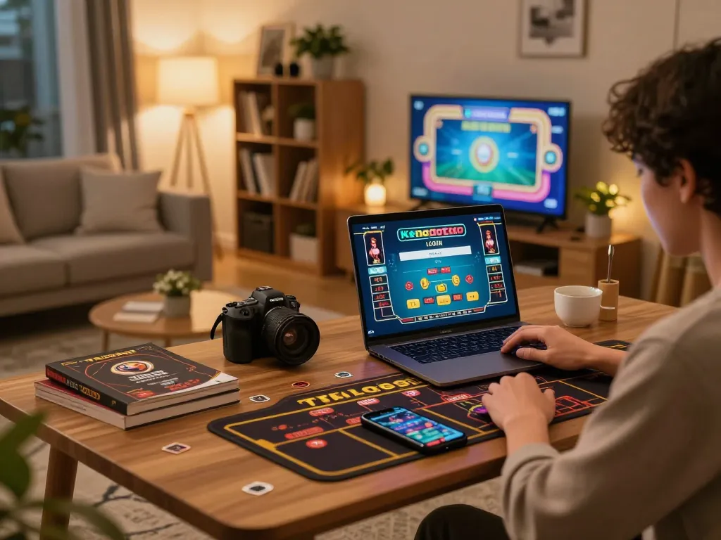 Terlibat dalam login kenzototo untuk perjudian online dengan permainan dealer langsung di laptop dalam pengaturan rumah yang nyaman.