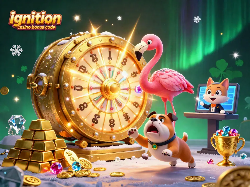 Exciting moment showcasing ignition casino bonus code with vibrant characters spinning a prize wheel.
