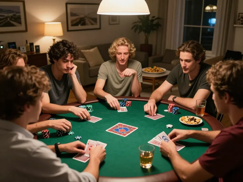 Engaged players enjoying a poker night while using Qh88 đăng nhập to connect for online gaming.