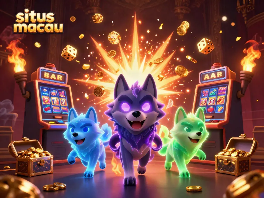 Ilustrasi 3D kartun menampilkan "situs macau" dengan karakter serigala dan mesin slot, penuh koin dan jackpot.