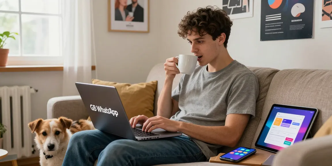 Engaged user exploring gb whatsapp features on a laptop in a cozy tech workspace.