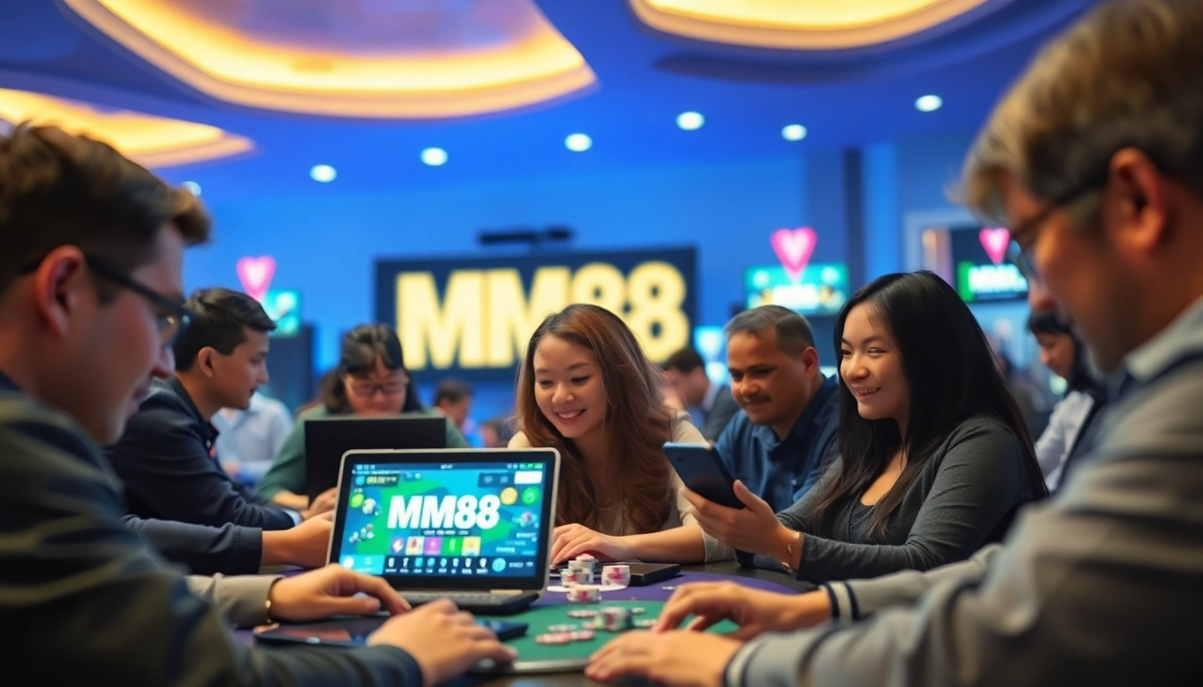MM88 online gambling players enjoying diverse gaming experiences, showcasing excitement and trust.