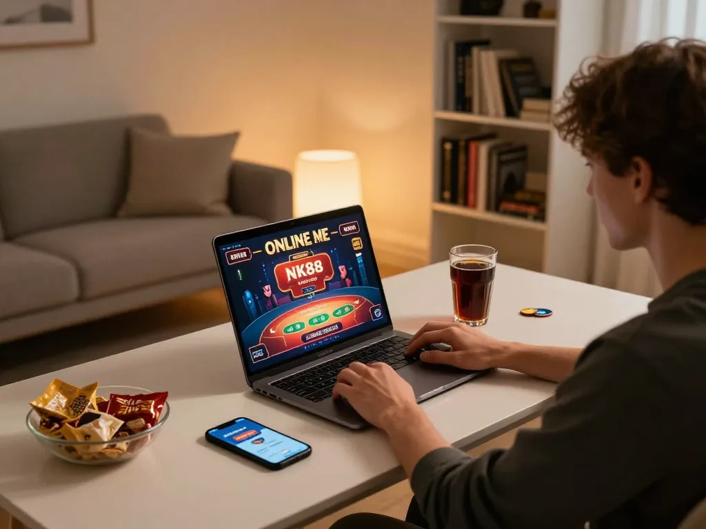 Engaged in NK88 win gaming, a player strategizes with snacks and a smartphone in a cozy home setup.