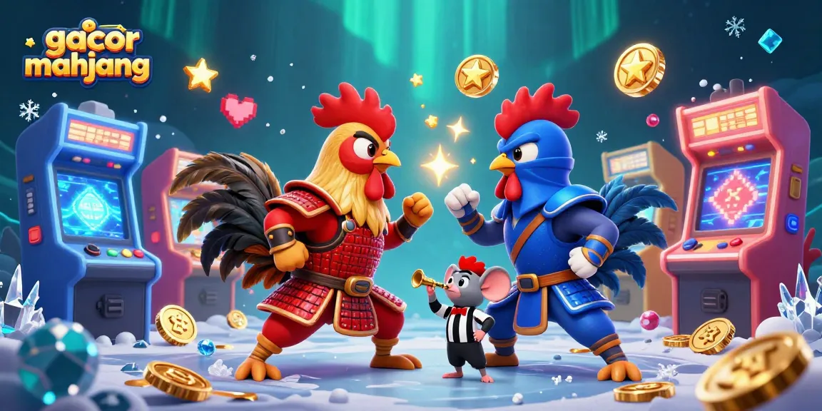 Experience the excitement of slot gacor mahjong with fighting roosters, arcade machines, and vibrant game elements.