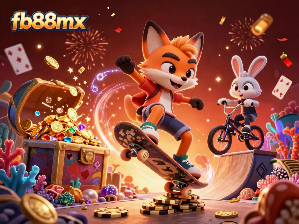 Experience excitement with fb88mx in a vibrant 3D casino-themed illustration featuring a fox and rabbit.