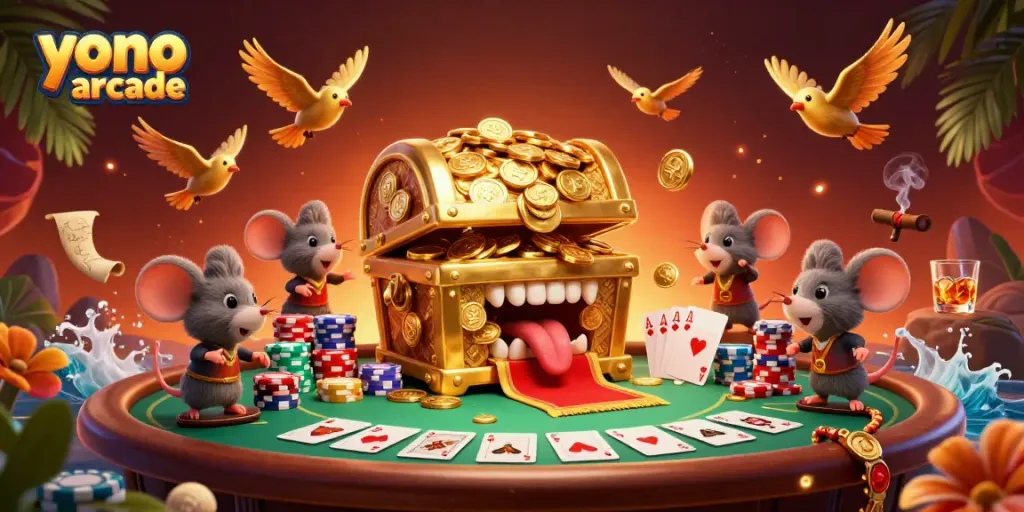 Engage with Yono Arcade's vibrant gaming scene featuring cartoon characters and dynamic poker elements.