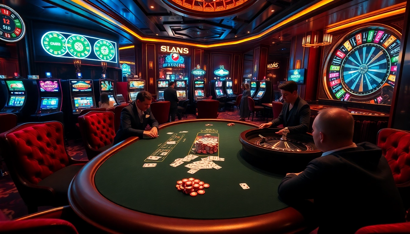 Exciting casino scene showcasing OK FUN at a high-stakes poker table with vibrant slot machines.