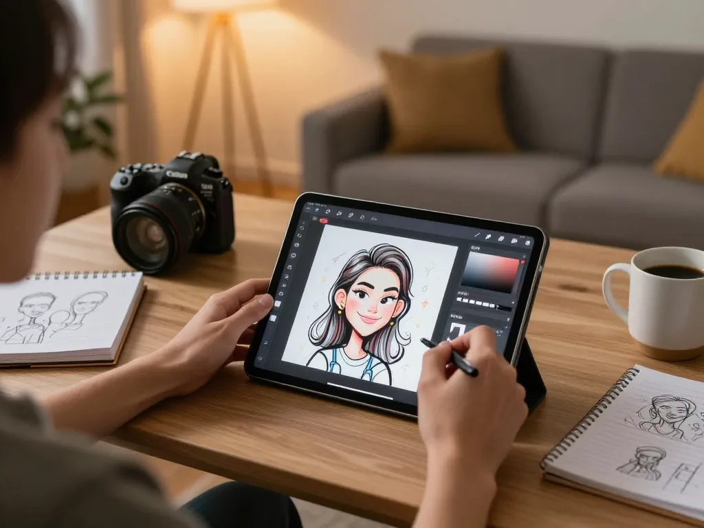 Create a Caricature with a user engaged in artistic caricature design on a tablet at home