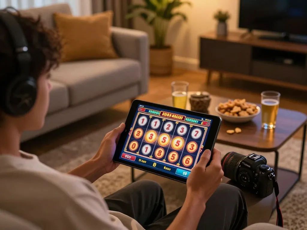 situs slot gacor gameplay in a cozy home setting with a person enjoying online gaming on a tablet
