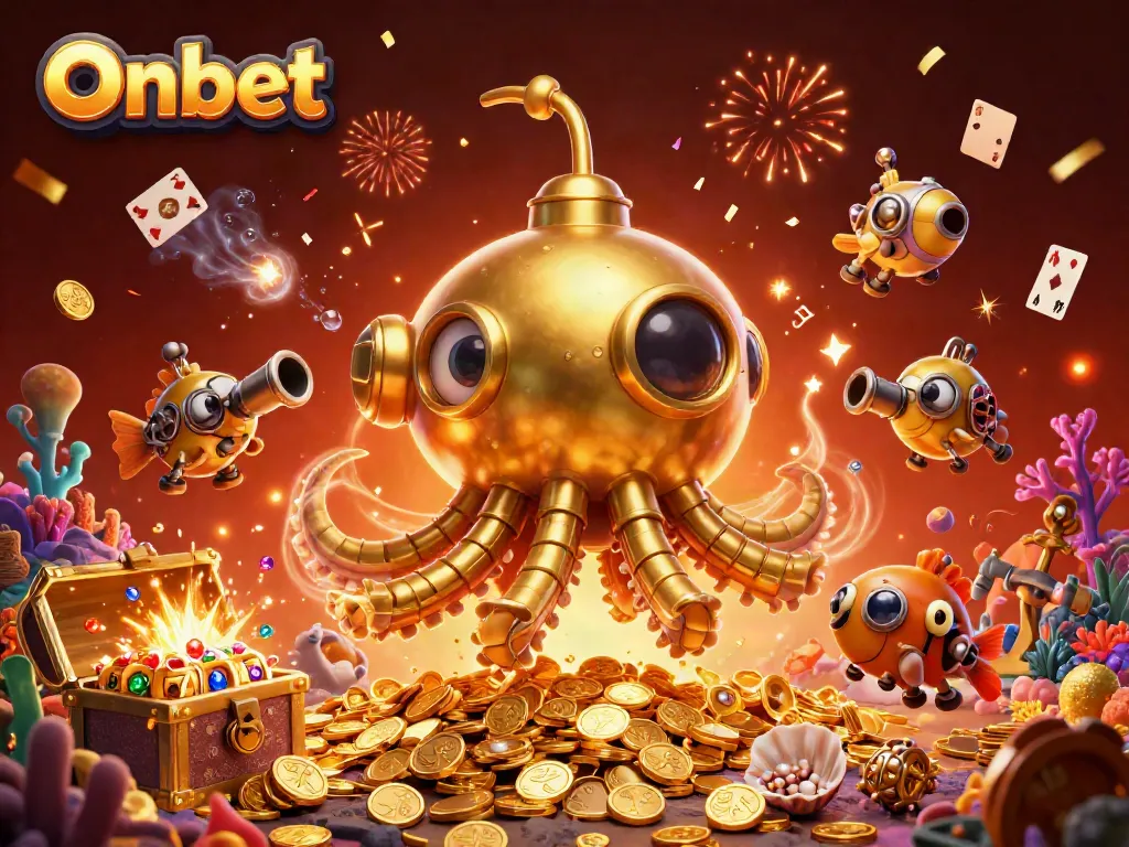 Experience gaming excitement with Onbet's golden kraken submarine revealing treasures and slot reels.