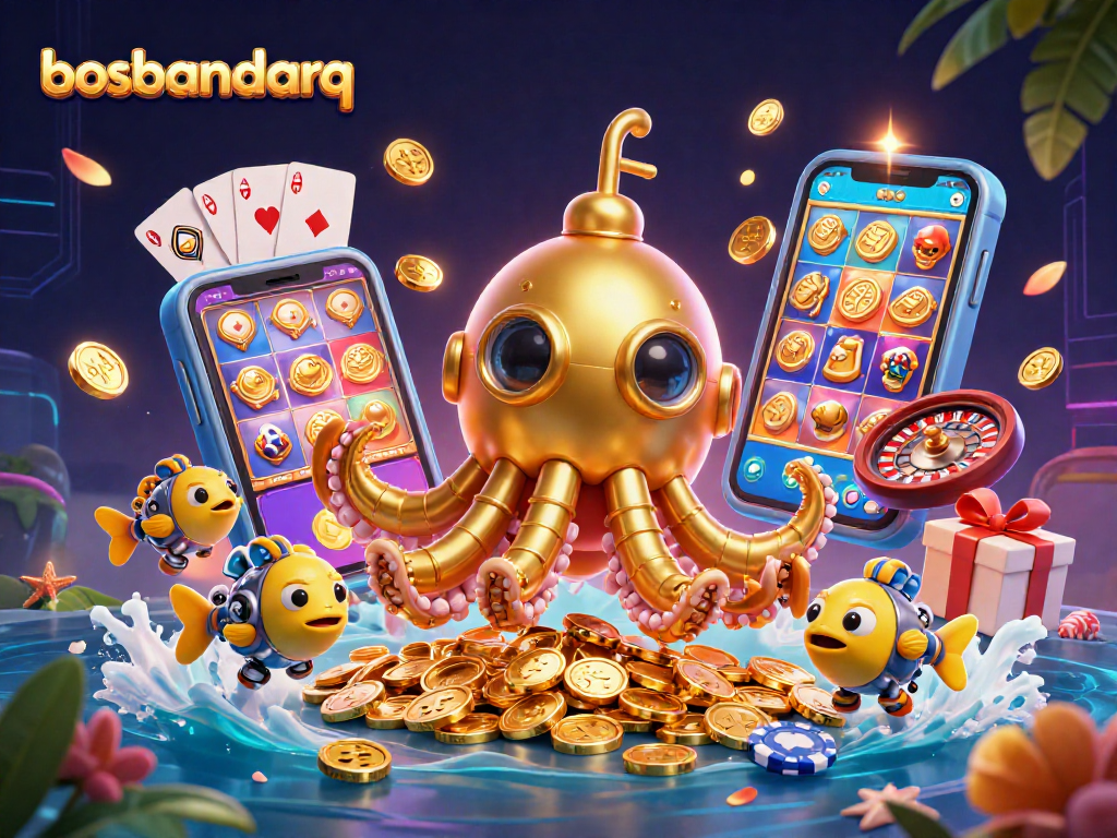 Engage with bosbandarq's thrilling casino experience, featuring a kraken submarine amidst golden coins and lively gaming elements.